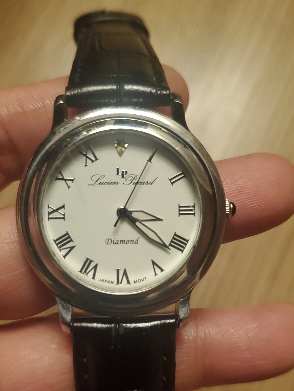 Lucien Piccard Diamond Accent Watch White Dial Silver Tone Black Leather AS IS